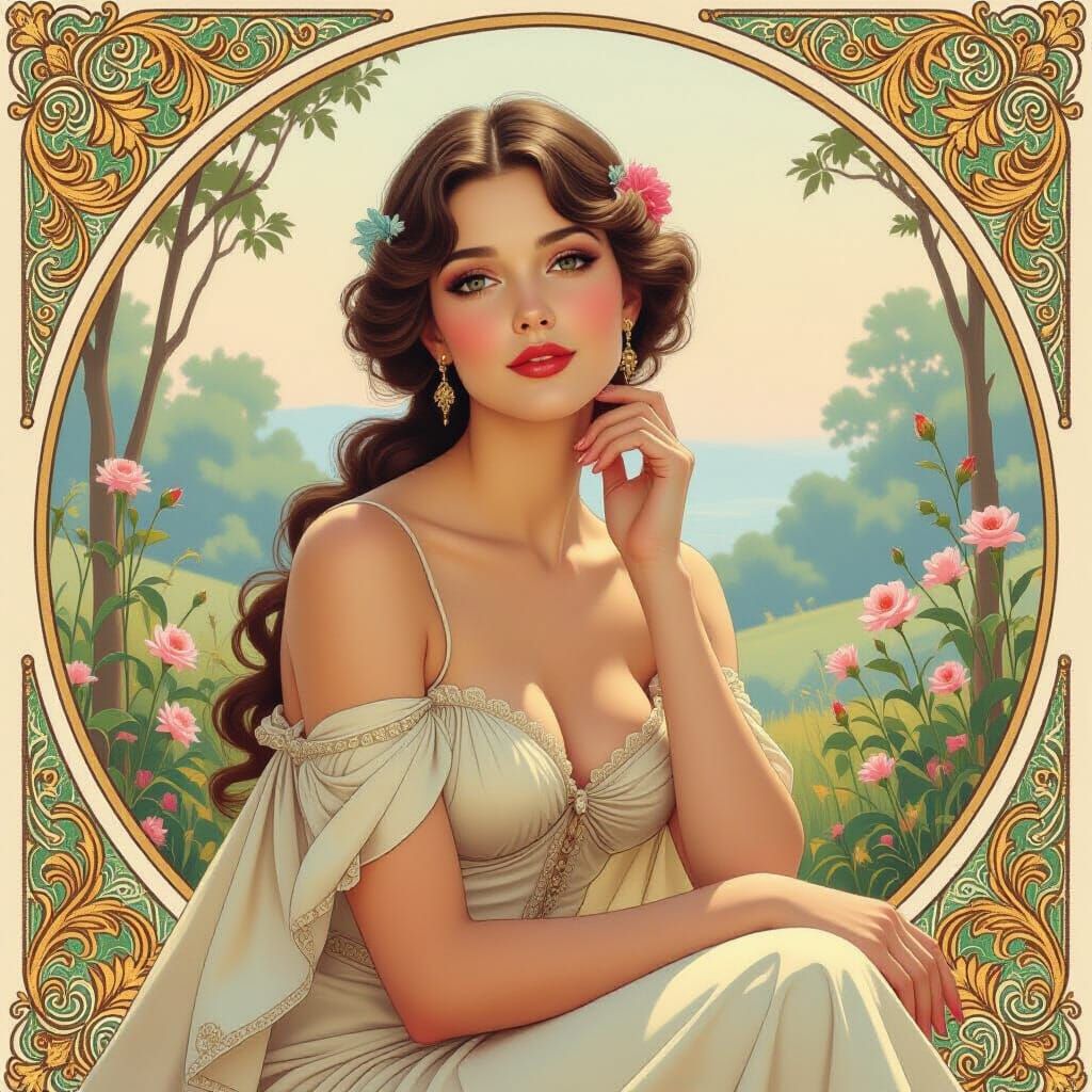 Elegant Woman in Outdoor Setting, Art Nouveau Style