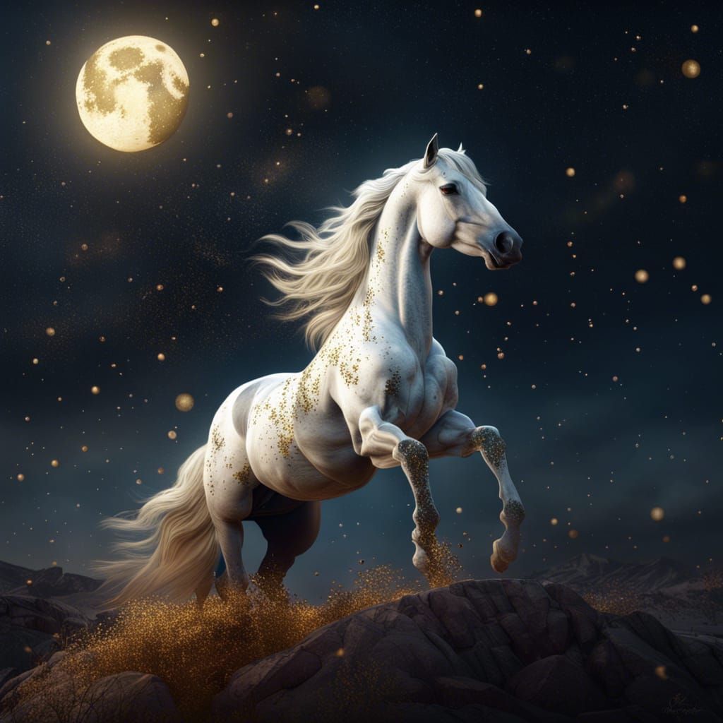 Gold-Specked White Horse Gazing at Moonlit Sky