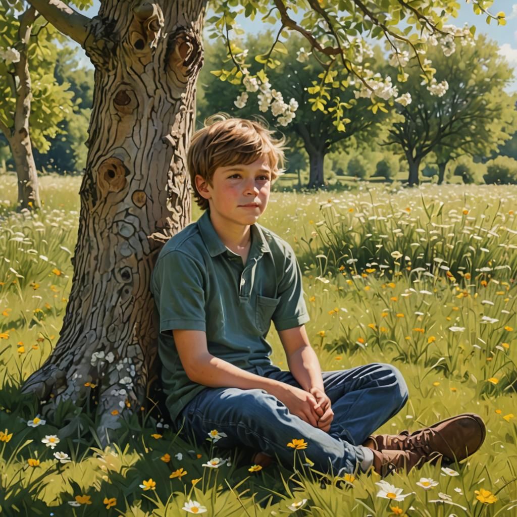 Boy Relaxing Under Tree in Flowery Meadow