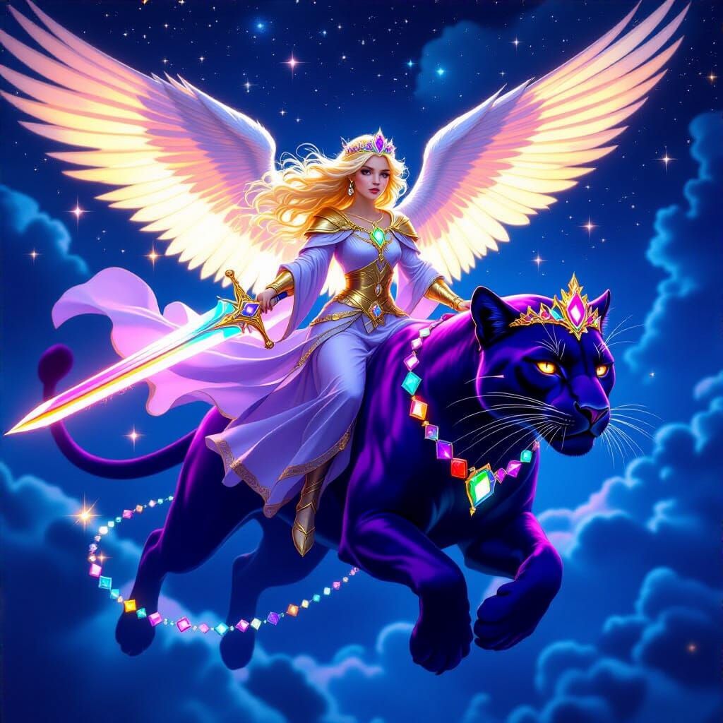 Angelic Warrior Riding Violet Panther in Cosmic Sky
