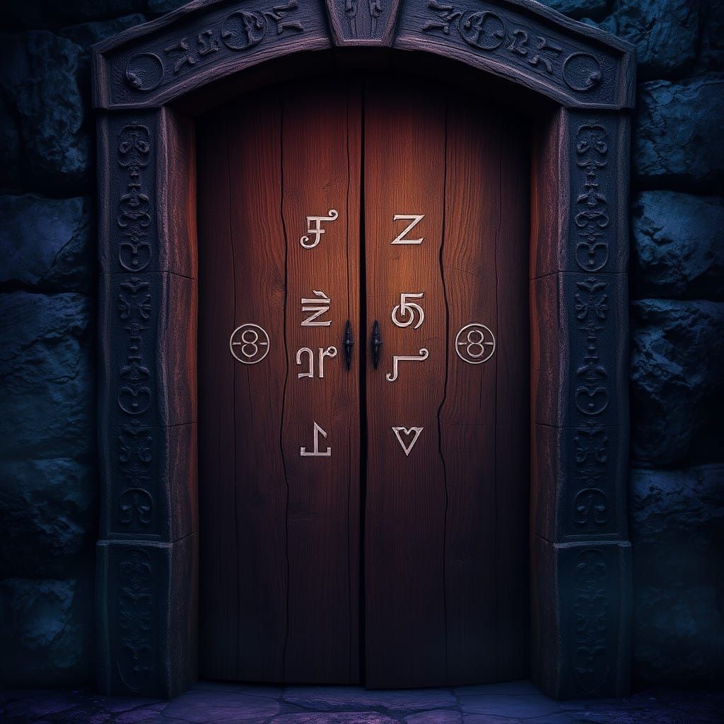 Mystical Oak Door with Protective Runes