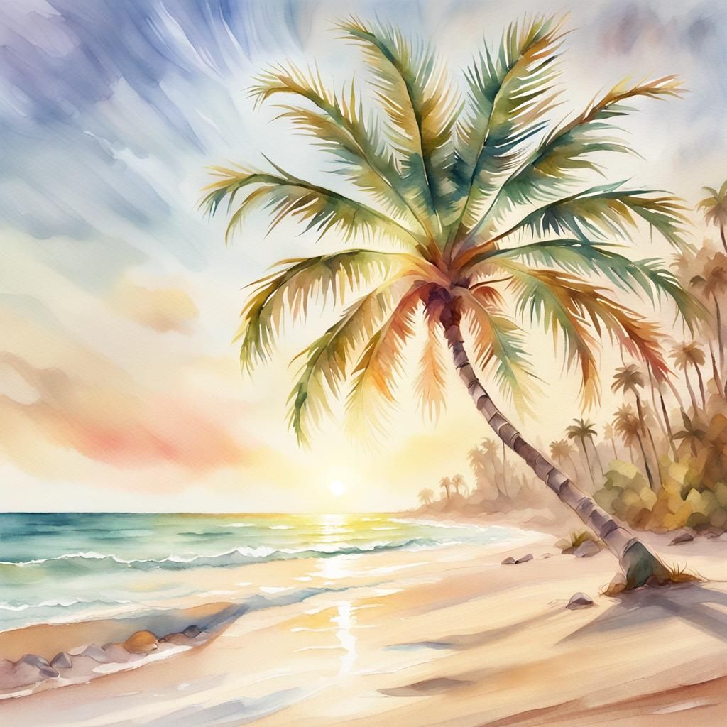 Sun-Kissed Palm Tree on Beach: Watercolor Impression