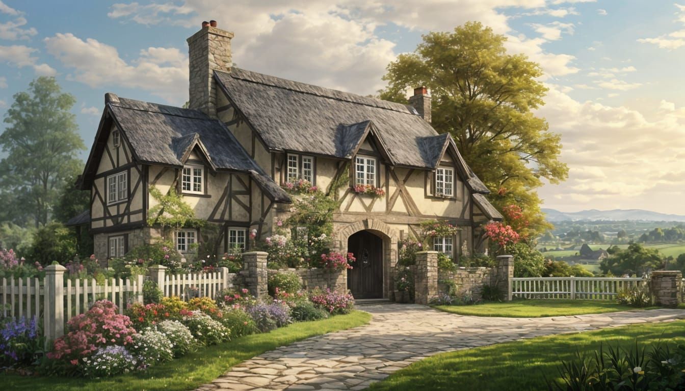 English Cottage Watercolor in Whimsical Garden Setting