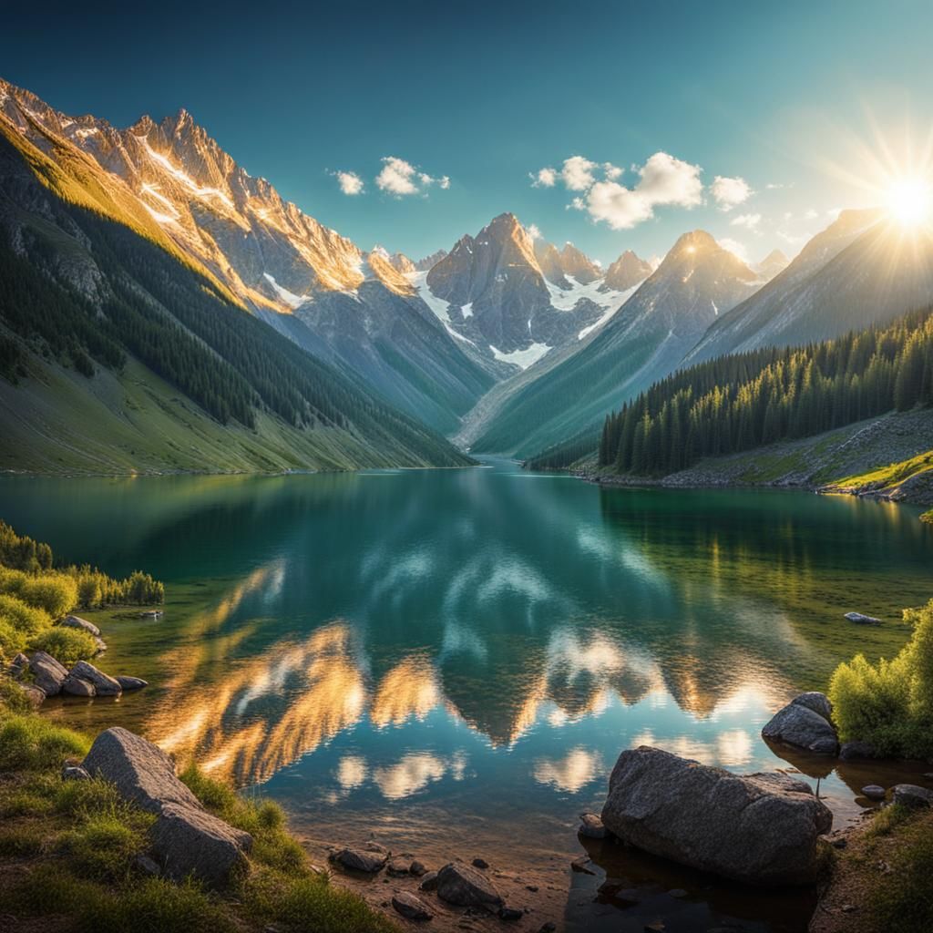 Pristine Mountain Lake in Sunlight, 8K