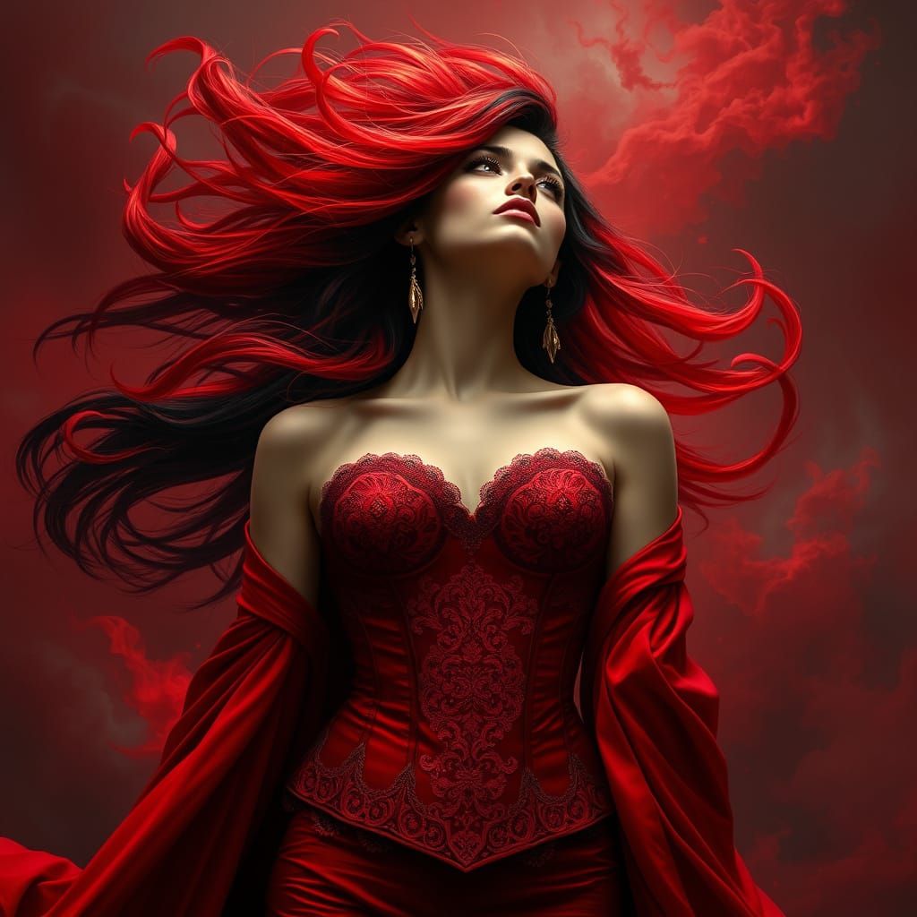 Sensual Femme Fatale in Crimson Storm