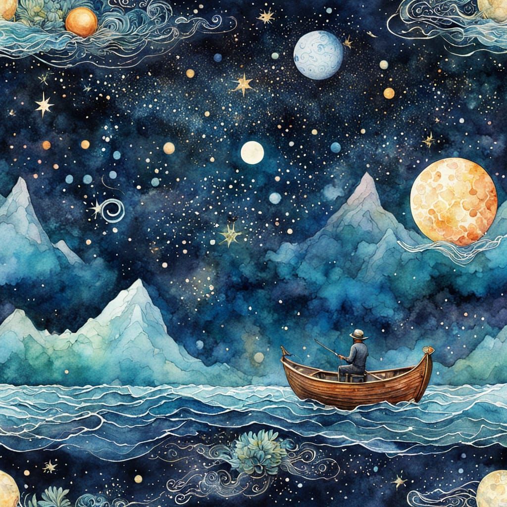 Celestial Sailor Navigating Galaxy in Stardust Boat