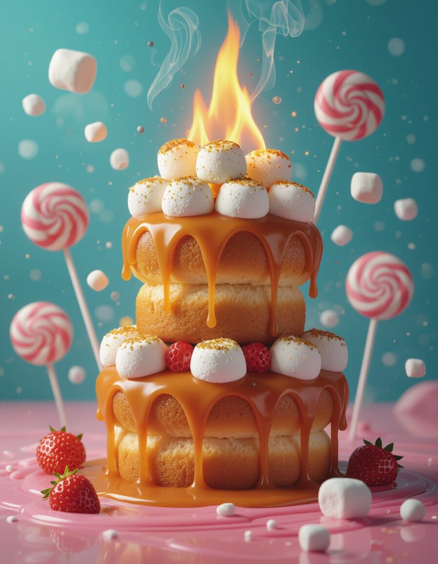 Hyperrealistic Caramel Tower with Strawberry Glaze River