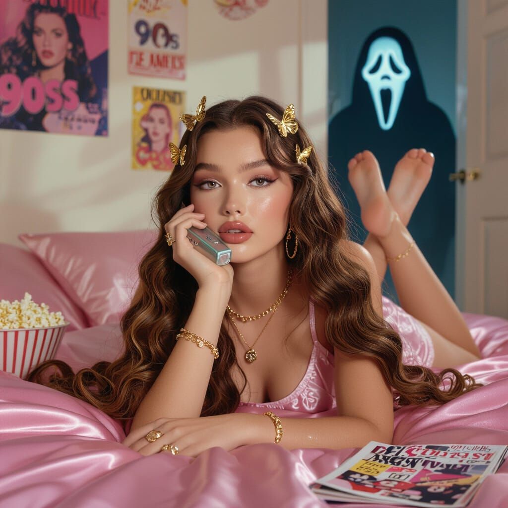 Y2K Portrait: Woman with 90s Phone and Ghostface