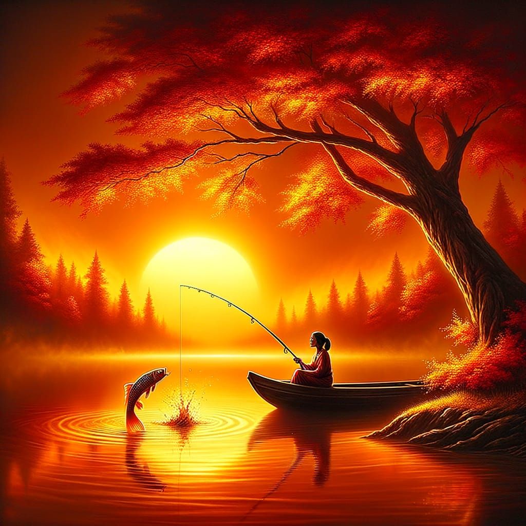 Peaceful Autumn Sunset with Serene Fisherman