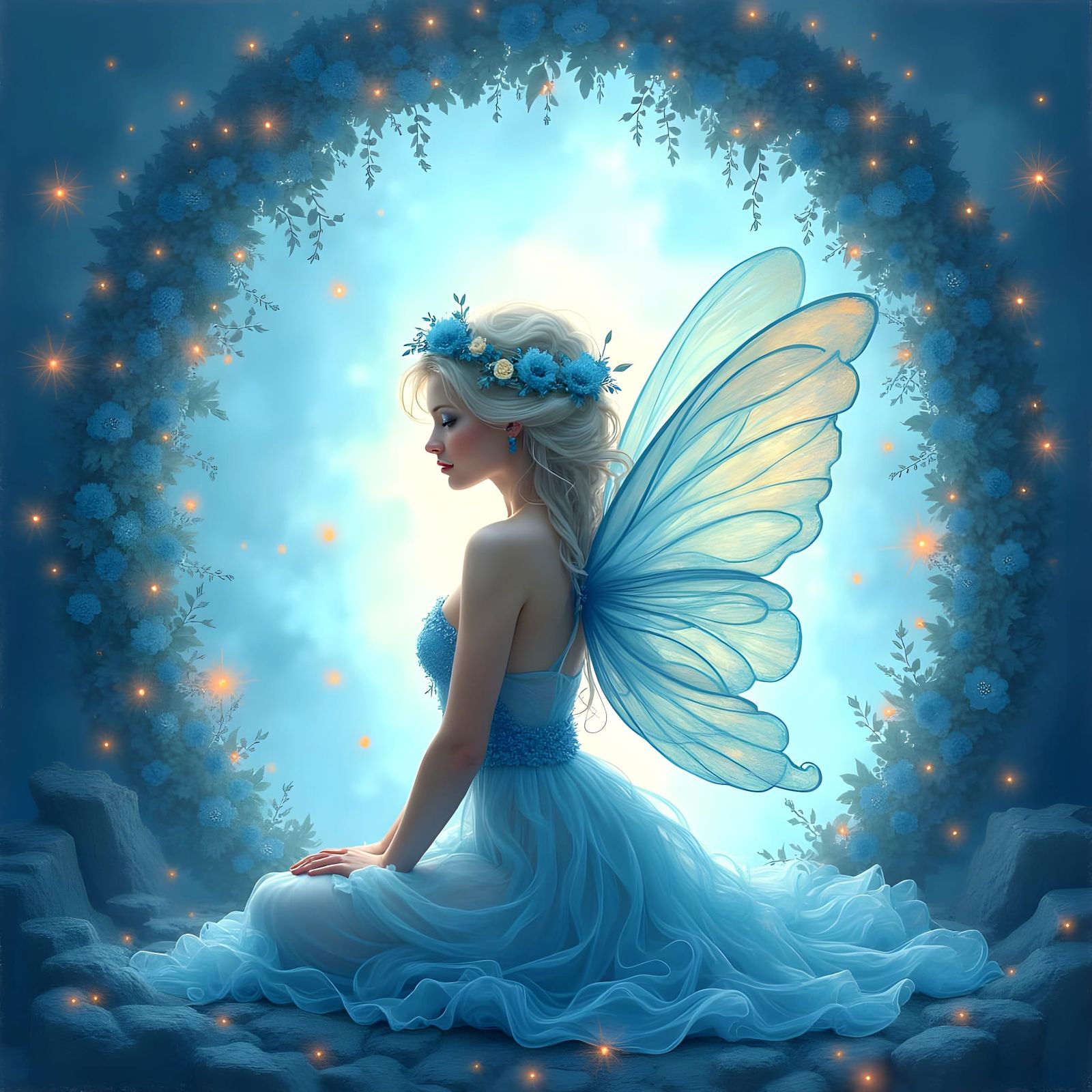 Ethereal Blue Fairy in Floral Archway
