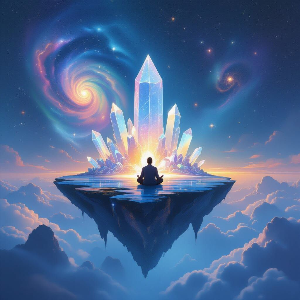 Meditative Figure on Cosmic Island with Crystal Growth