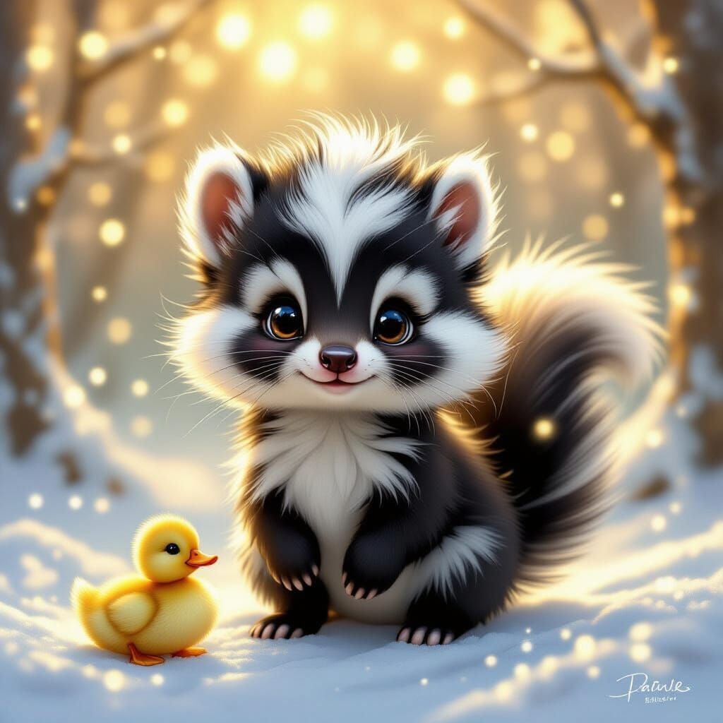 Adorable Christmas Skunk with Duckling in Magical Forest