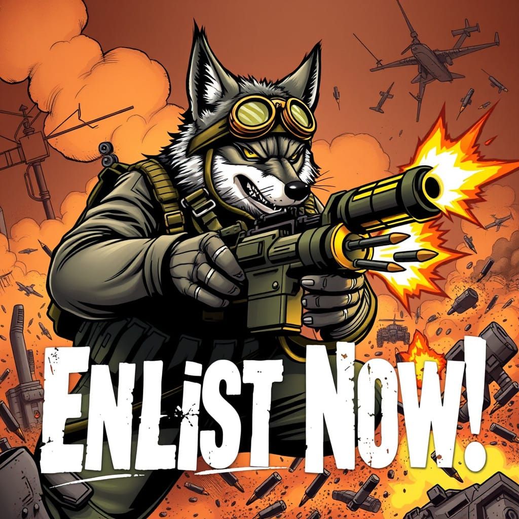 A furry war propaganda poster featuring a furry firing a huge machine gun words overlaid read " Enlist Now!"