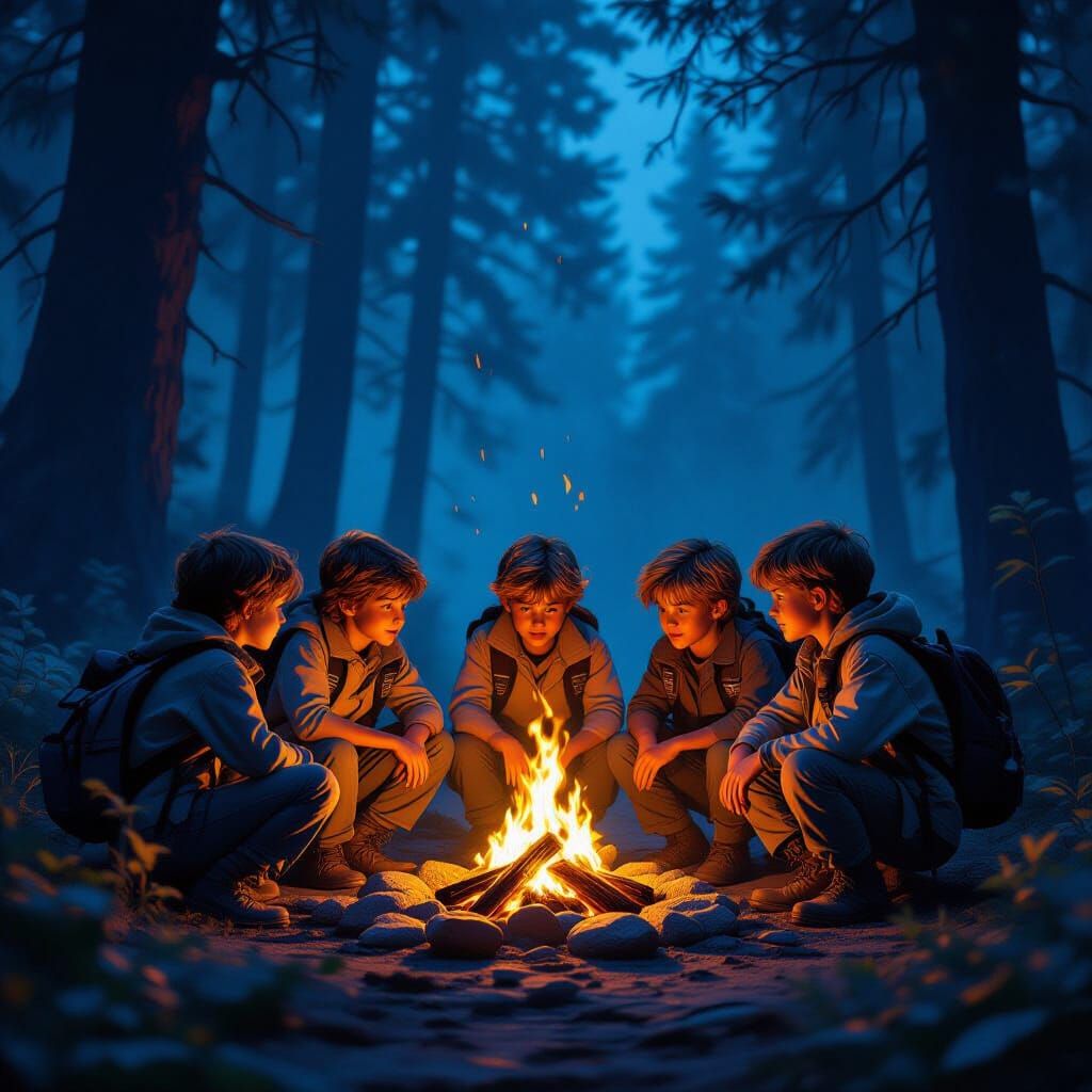 Children Around Campfire in Ancient Forest, 80s Adventure St...