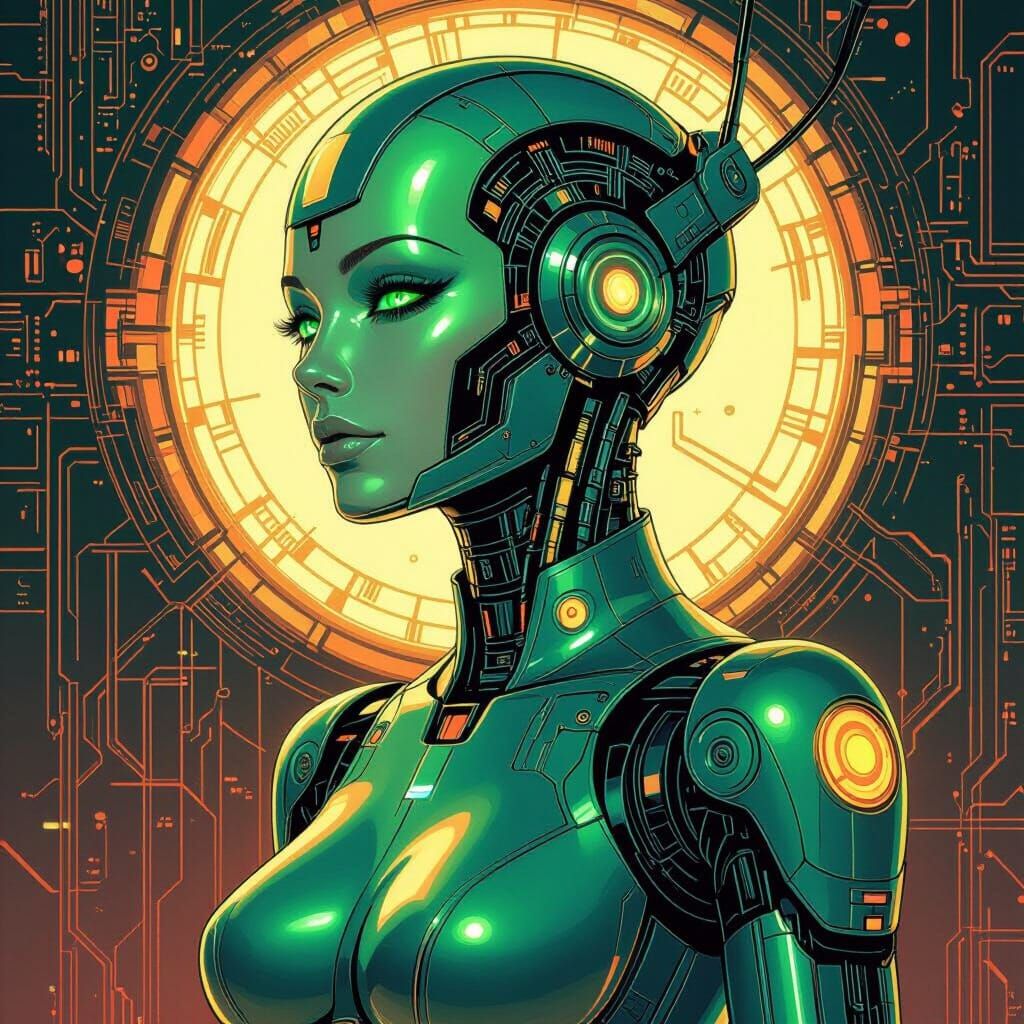 Luminescent Robot Woman Connected to the Deep-Mind