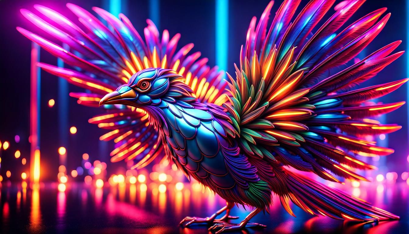Neon Lit Bird with Liquid Metal Feathers