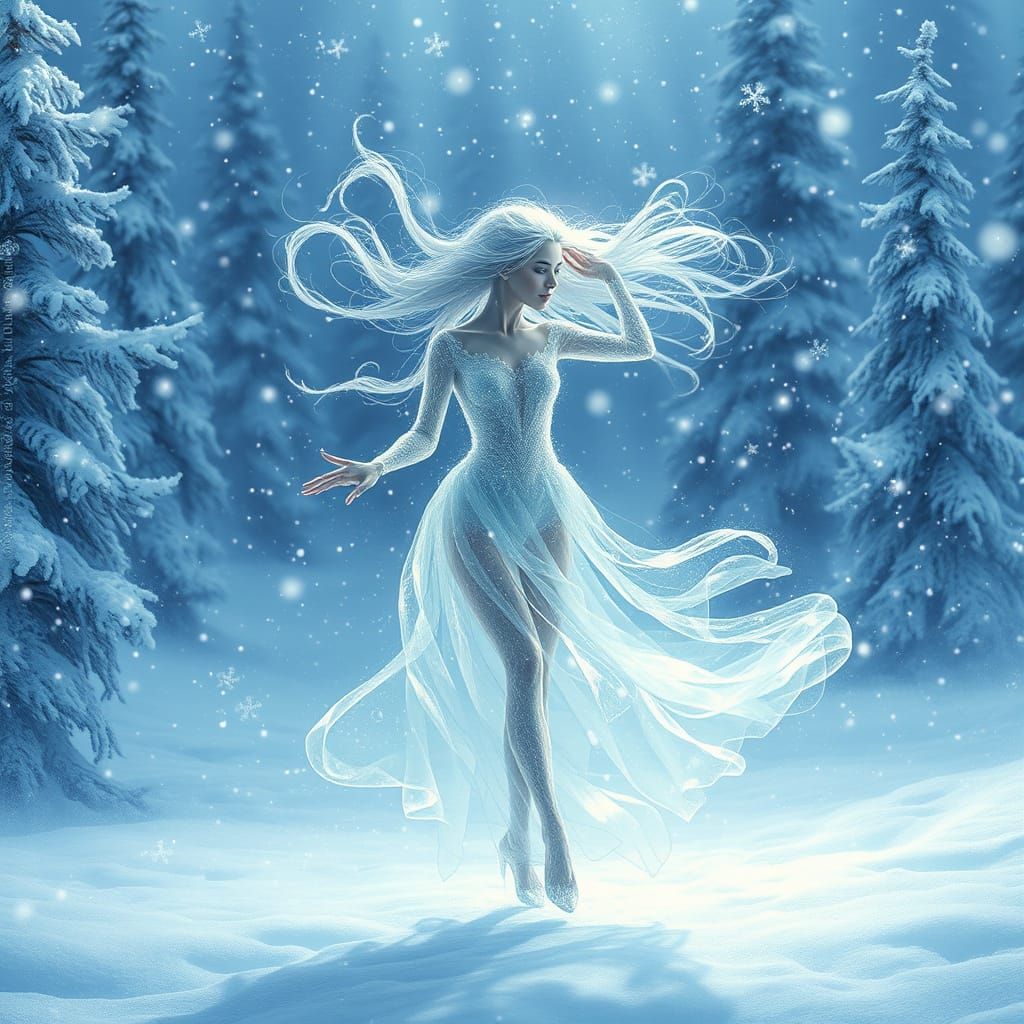 Ethereal Ice Goddess in Snowy Landscape