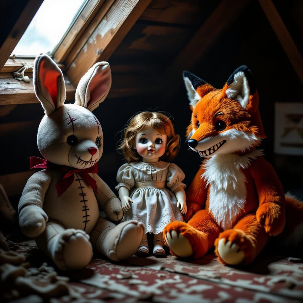 Stuffed Animals & Cracked Doll in Moonlit Attic