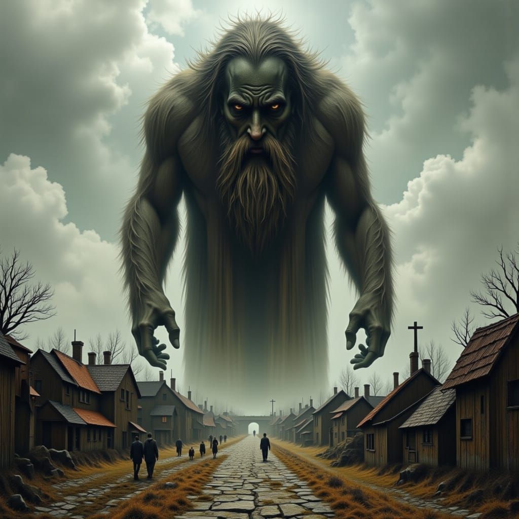 Anguished Giant Looms Over Frightened Village