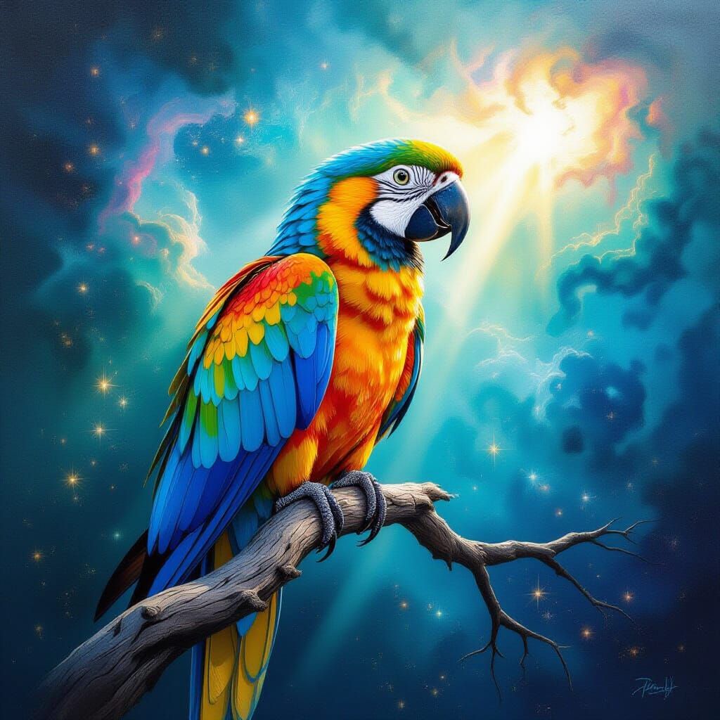 Hyperrealistic Parrot in Cosmic Nebula, Impasto Style