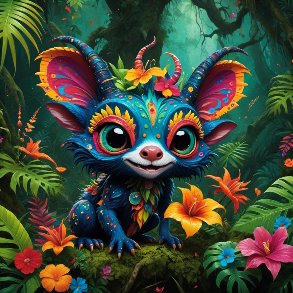 Gremlin in a Tropical Forest with Flowers