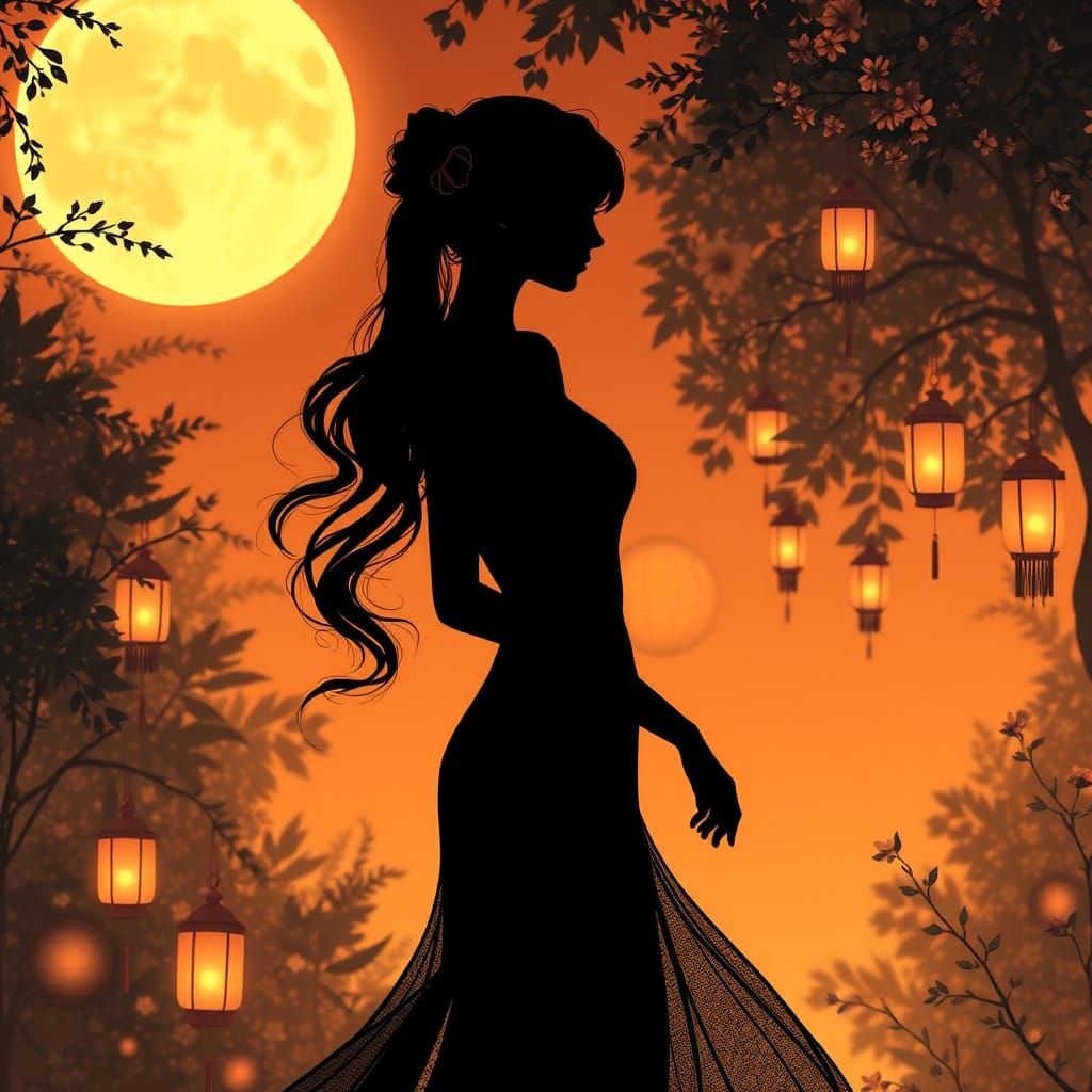 Silhouette of Woman Falling in Moonlit Garden