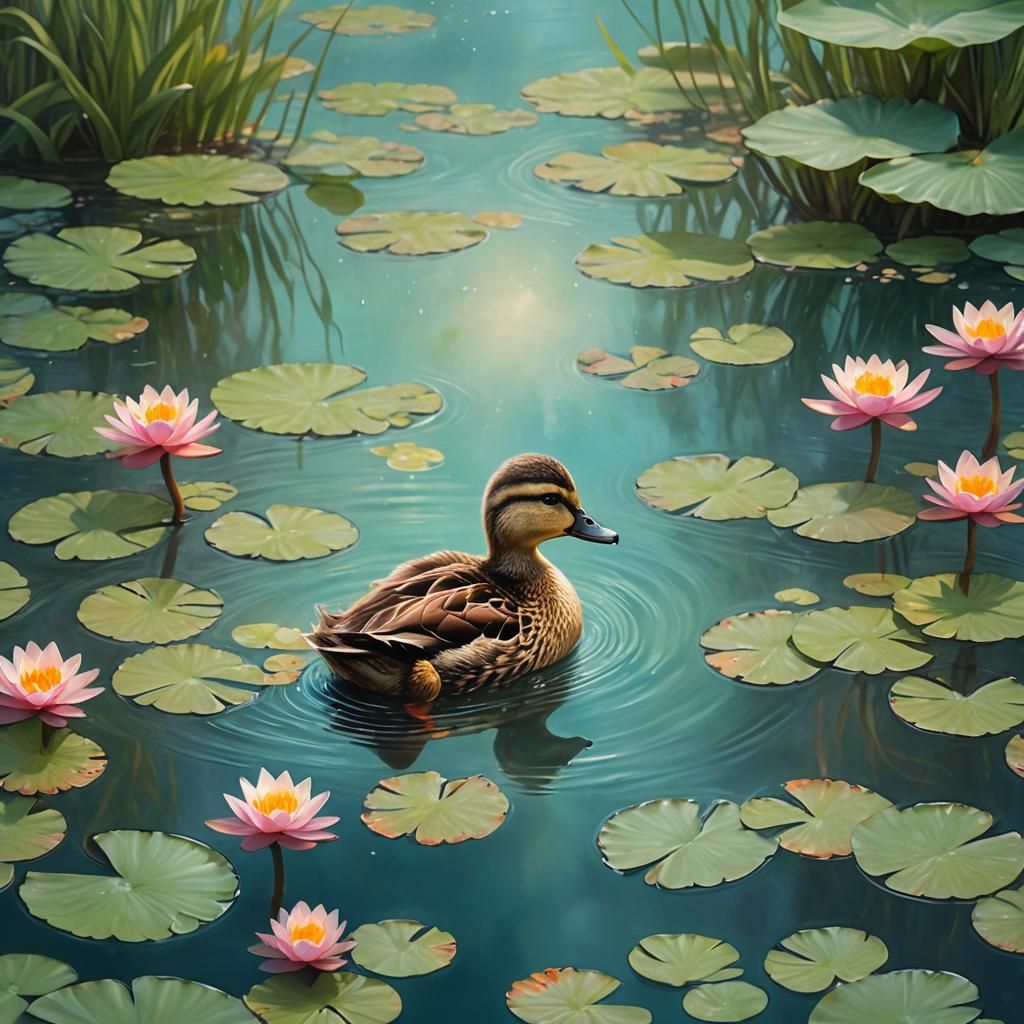 Baby Duck Swimming in Pond: Fantasy Concept Art