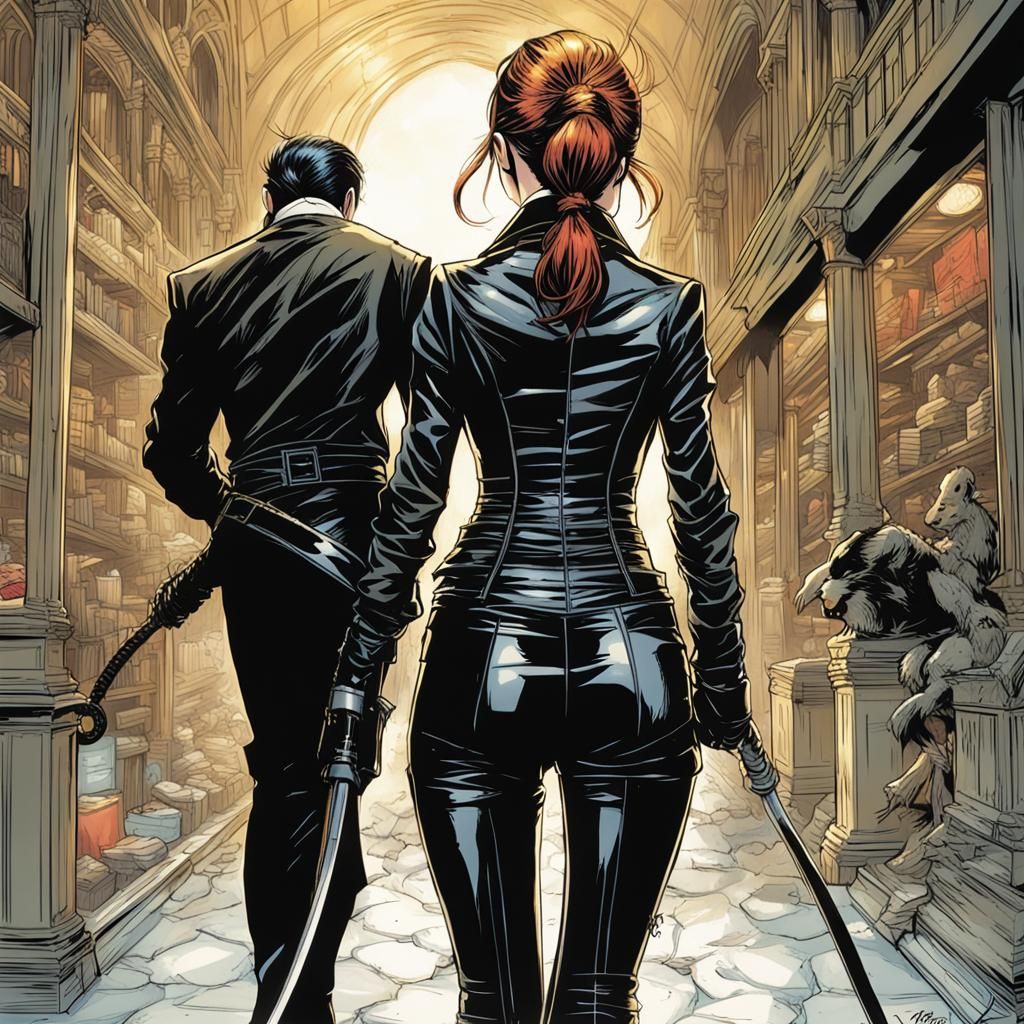 Gothic Mistress Chasing Man: Comic Book Art