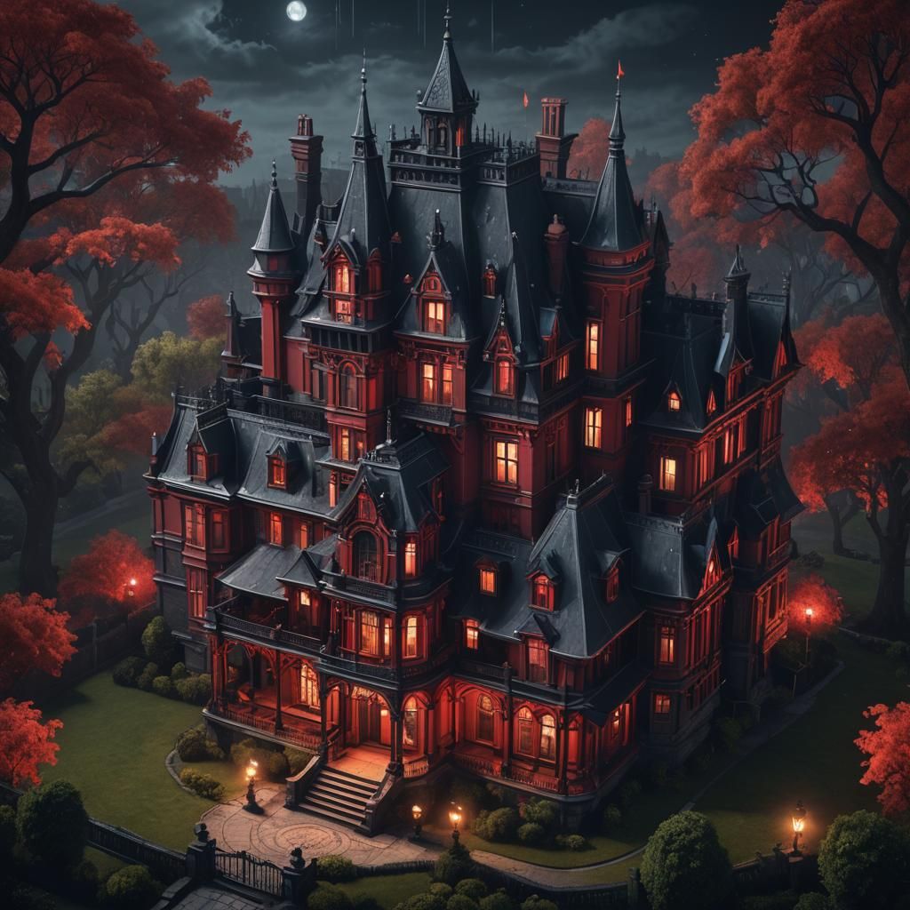 Neo-Victorian Serpentine Manor at Night