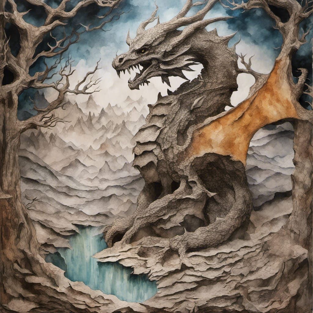 Yggdrasil and Níðhöggr: 3D Torn Paper Collage