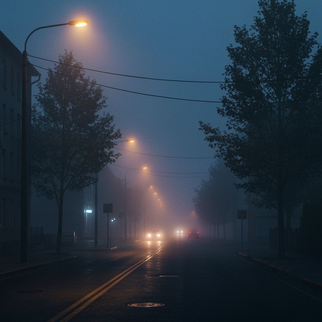 Twilight Street Scene in Thick Fog