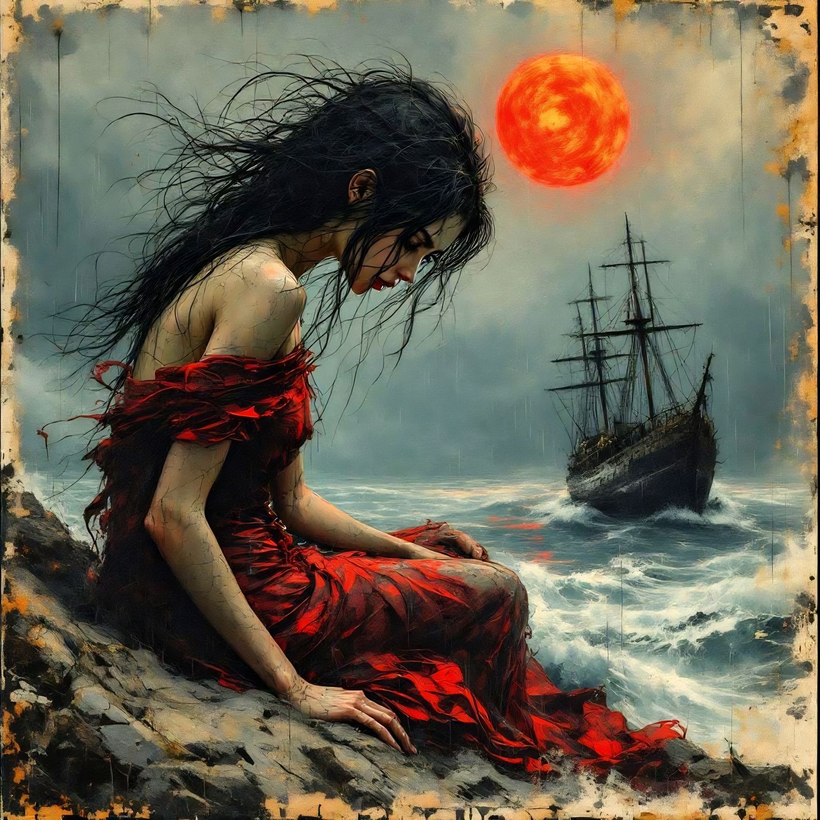 Anime Woman in Stormy Sea: Glitchy Vintage Art