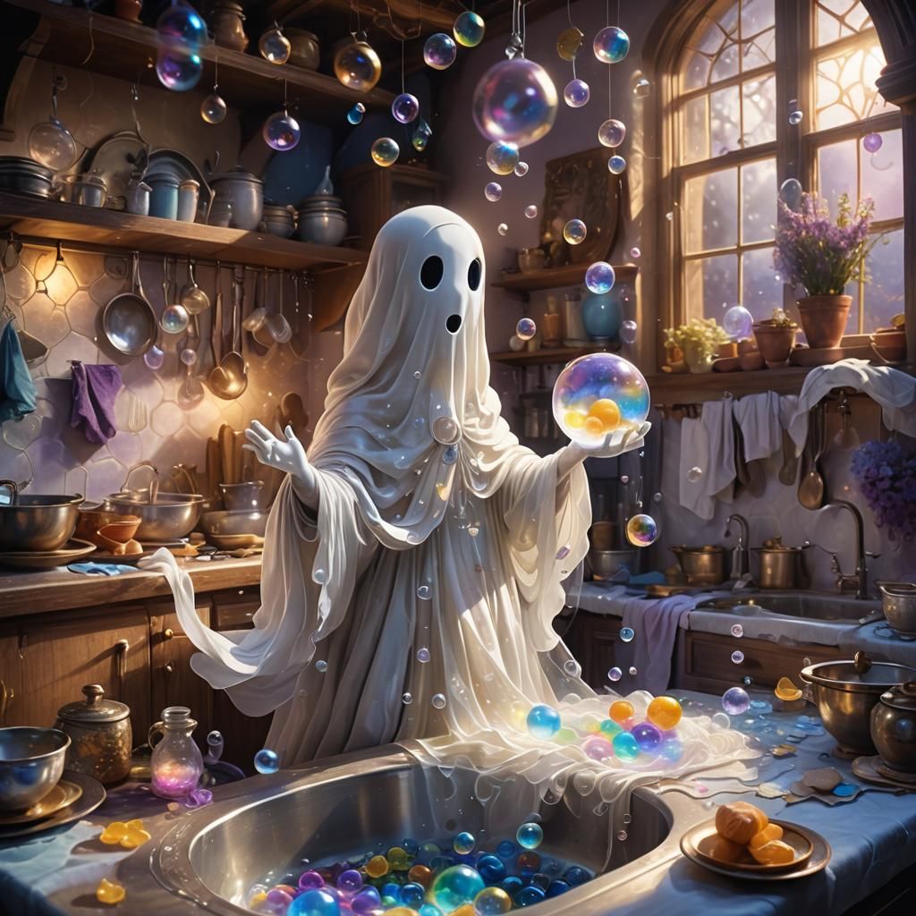 Cute Ghost Washing Dishes in Mystical Kitchen