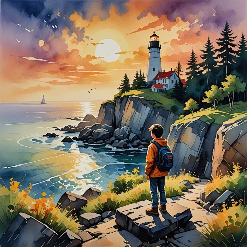 Vibrant Masterpiece of a Young Boy on a Rocky Cliff with a T...