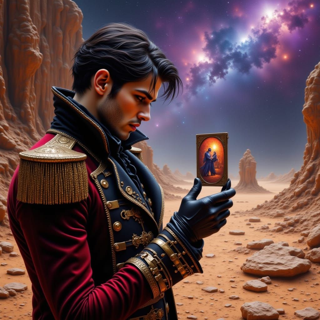 Steampunk Prince on Alien World with Nebula Sky
