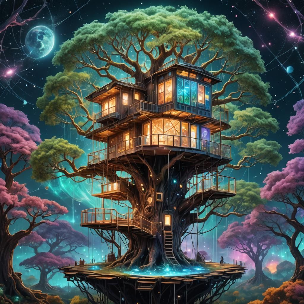 Luminous Treehouse Hologram in Space