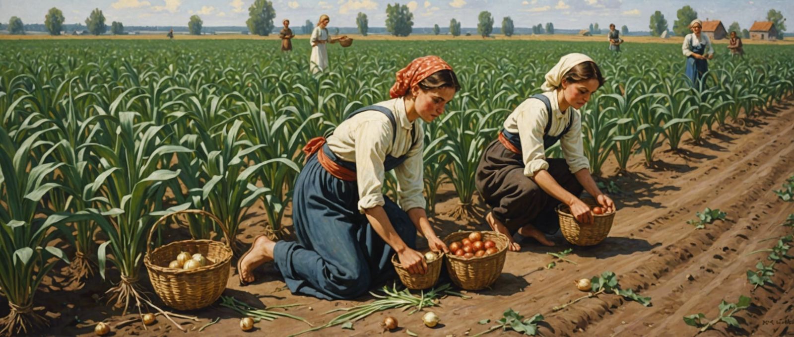 Girls Harvesting Onions in Soviet Realism Style