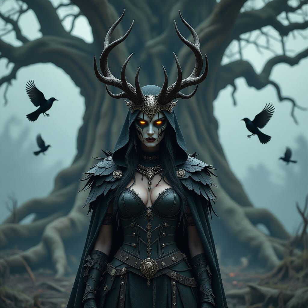 Horned Queen Before Ancient Tree in Dark, Foreboding Style
