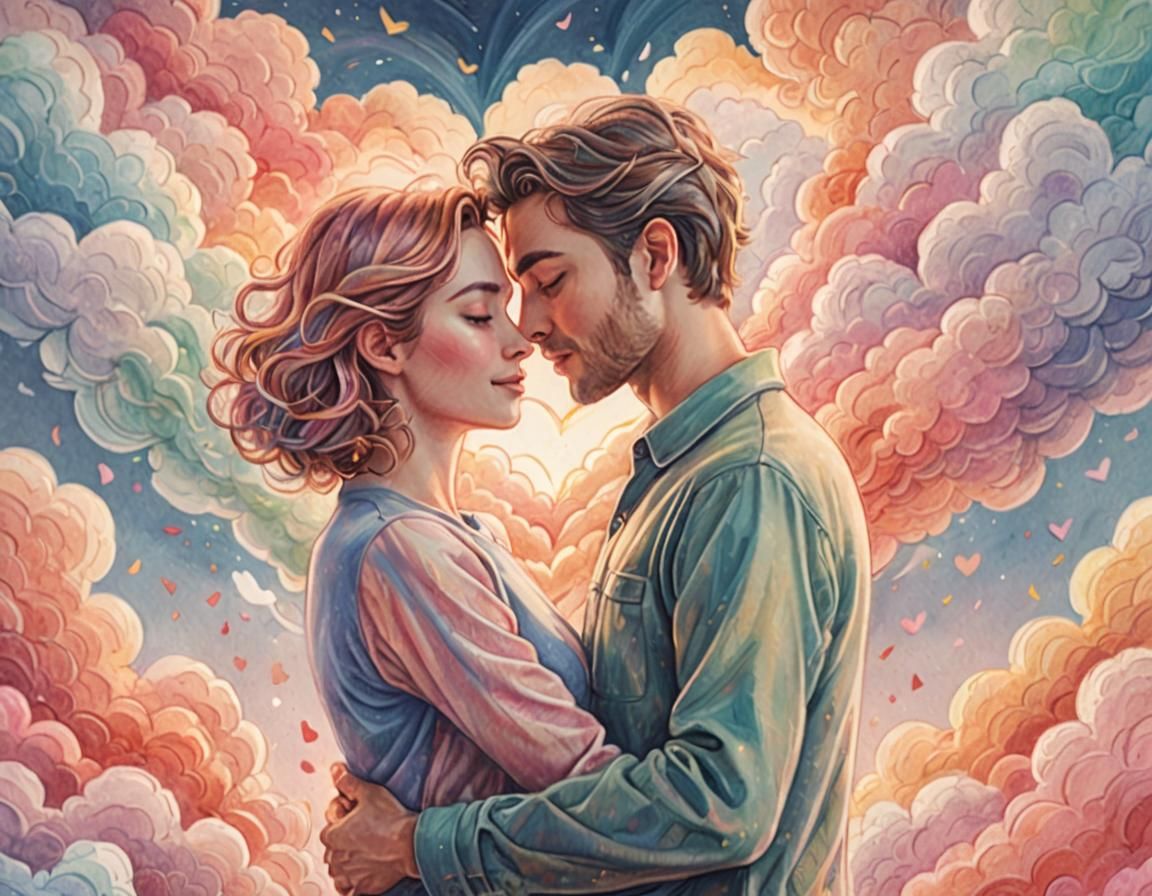 Couple Embracing in Dreamy Coloured Pencil Illustration