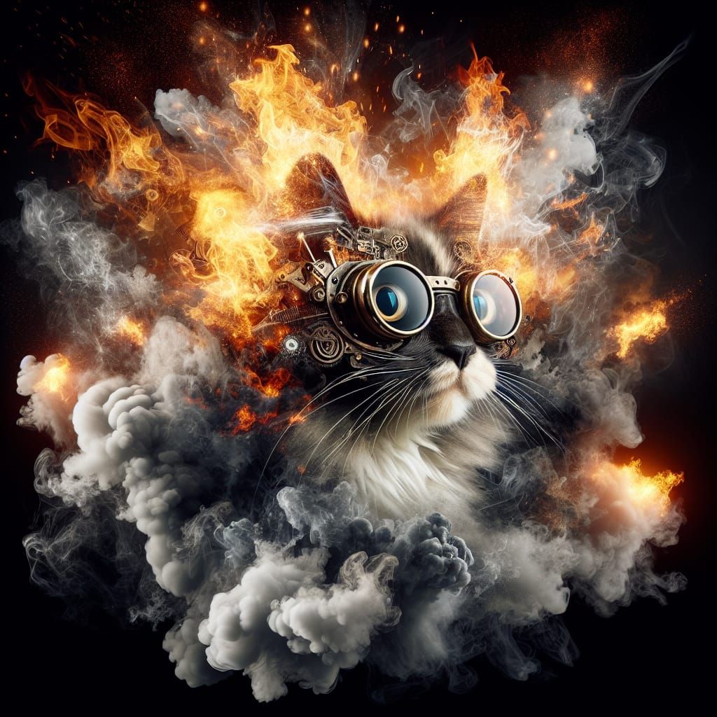 Steampunk Cat with Fire and Smoke