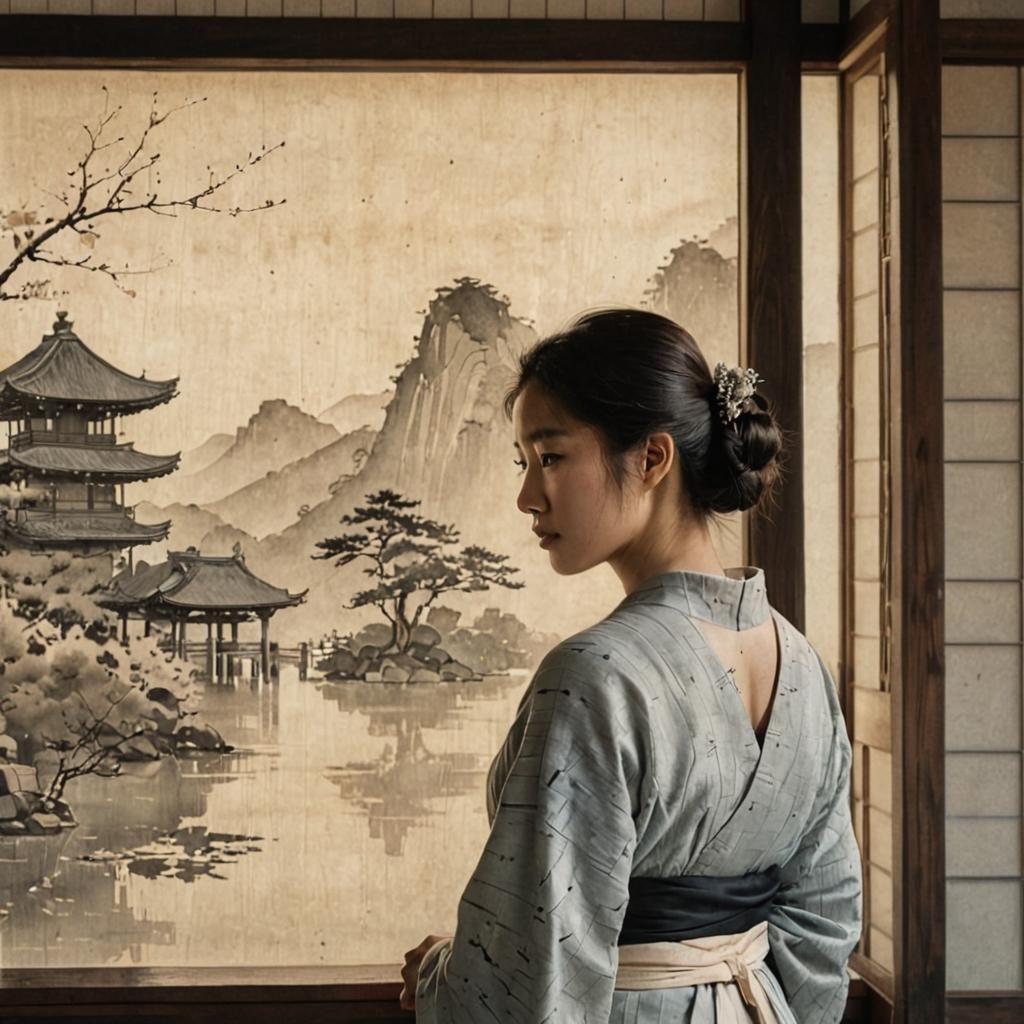 Monochrome Ink Art: Lady in Silhouette with Architectural Ba...