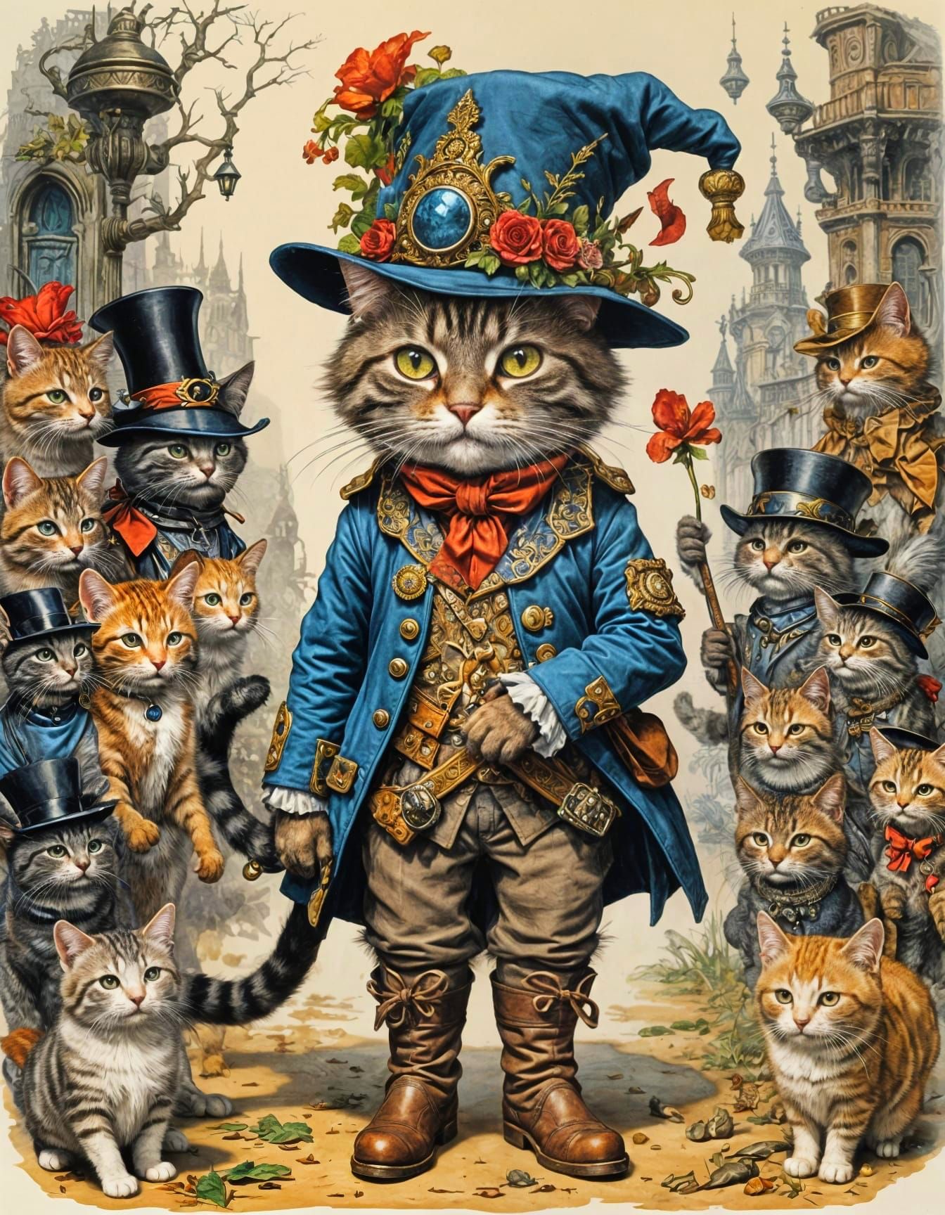 Puss in Boots Dons Ornate Hat, Whimsical Illustration