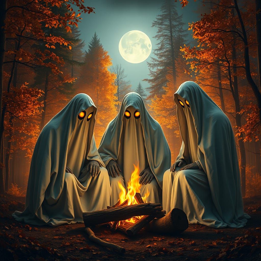 Ghostly Figures Share Eerie Tales by Campfire