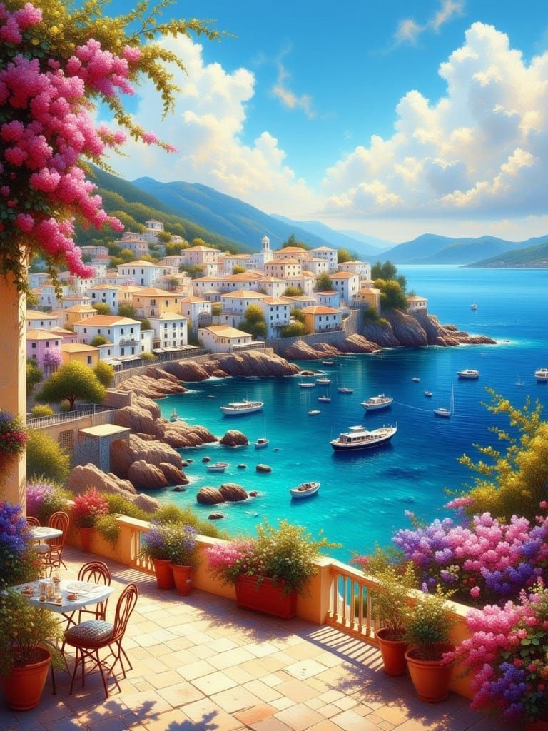 Sun-Drenched Mediterranean Terrace Overlooking Azure Sea