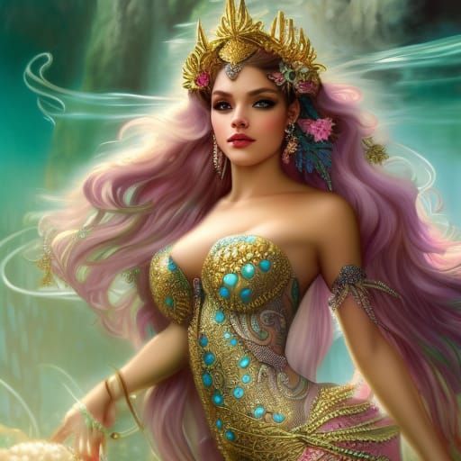 Mermaid Mother Overlooking Ancient City in Fantasycore Style