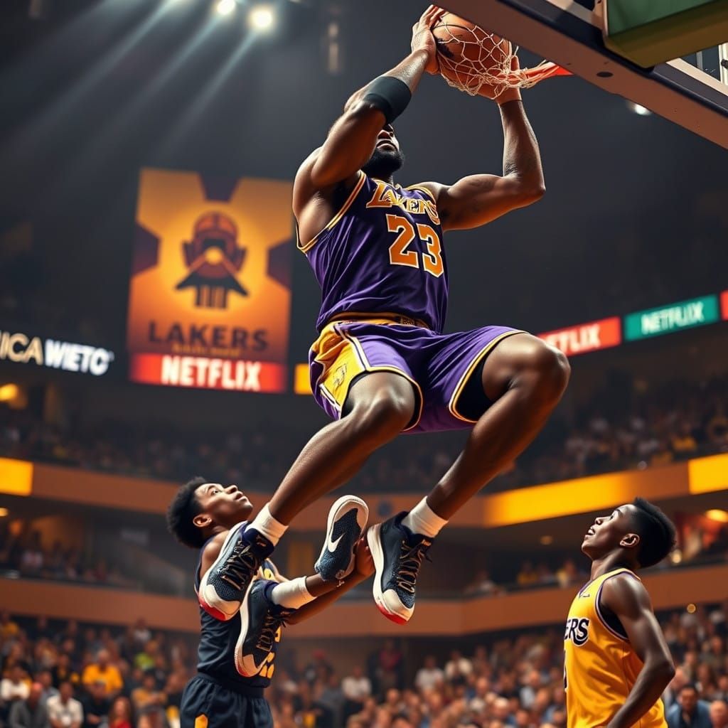 Lebron James in Mid-Air Dunk, Son Bronny Looks On