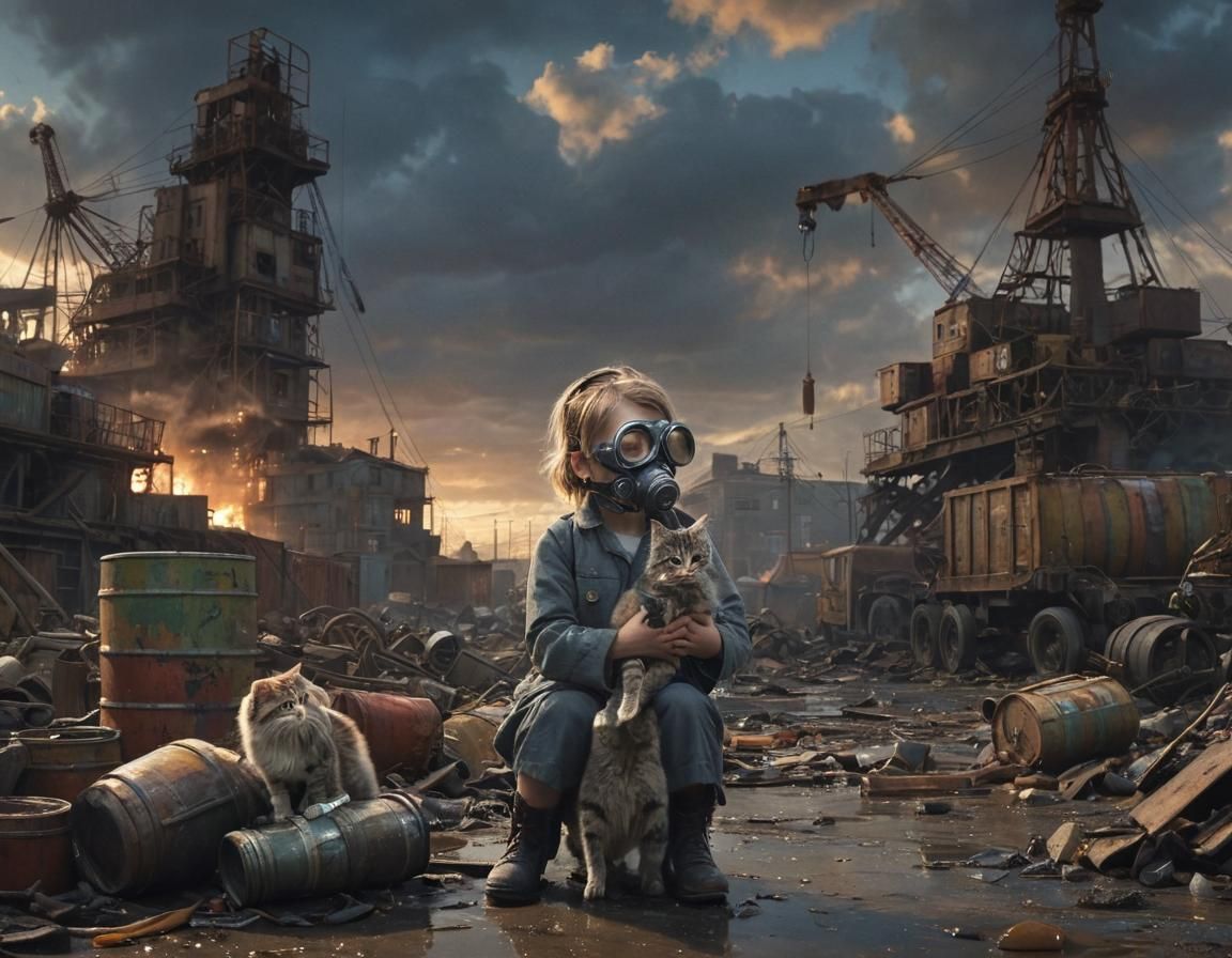 Dieselpunk Port Scene: Girl with Cat in Gas Mask