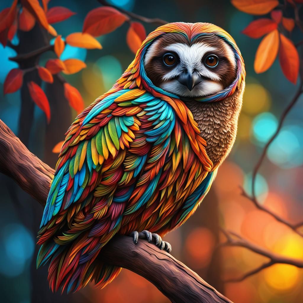 Colorful Sloth and Owl Folk Art Painting