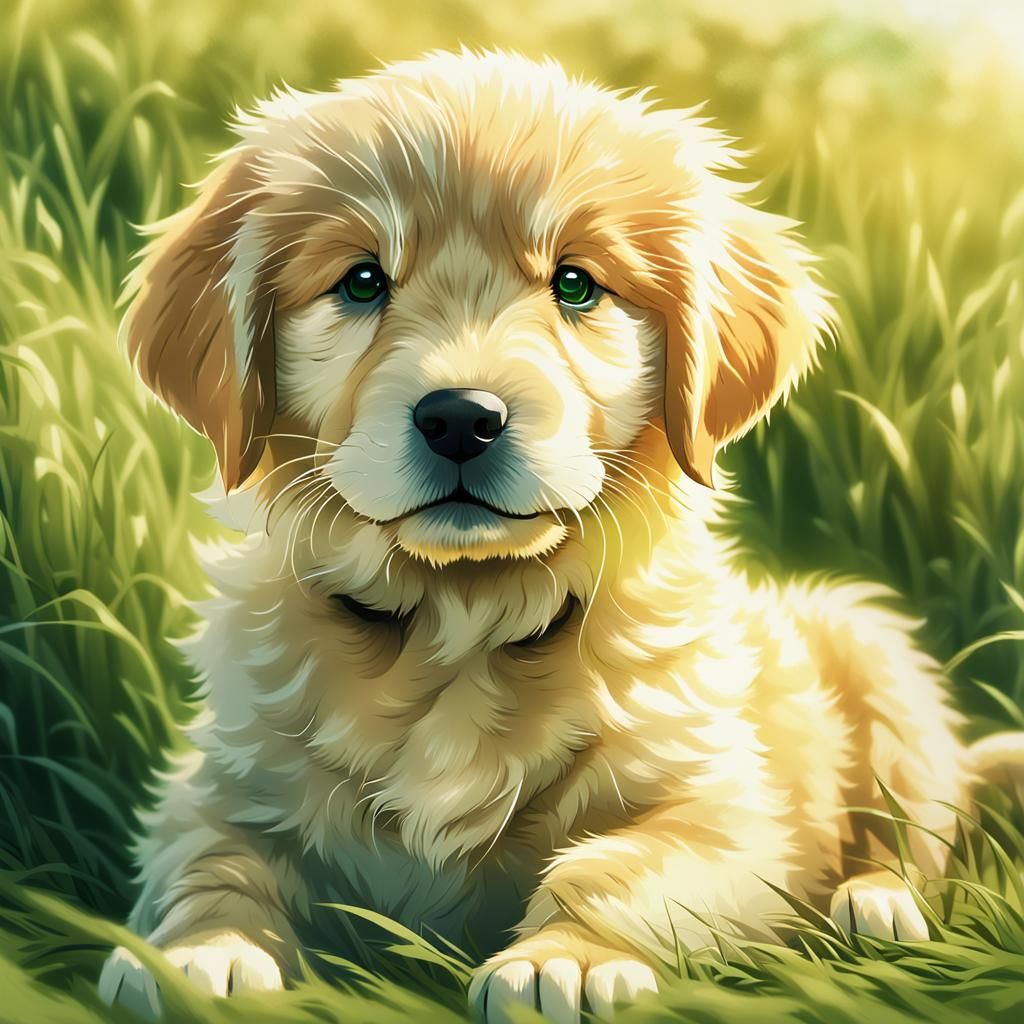 Golden Retriever Puppy in Vibrant Anime Style