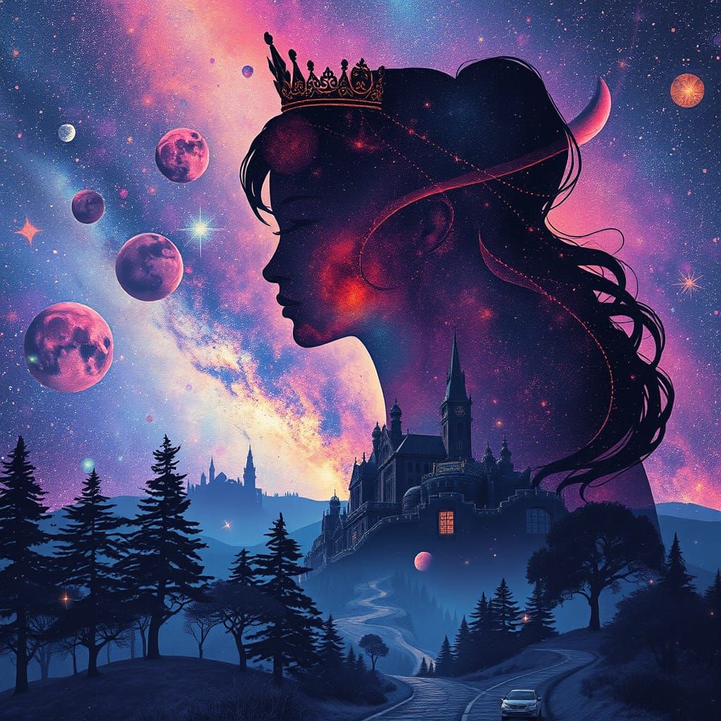 Princess Silhouette Against a Vibrant Galaxy
